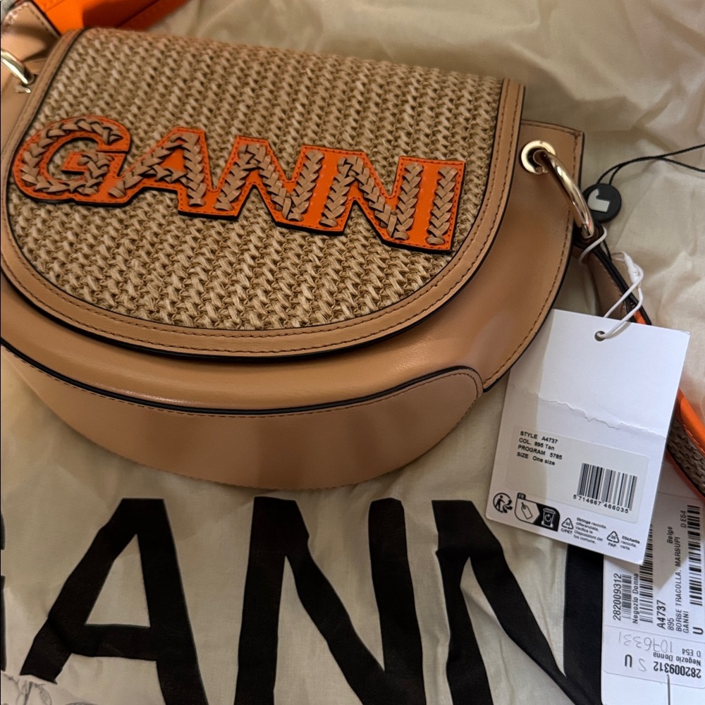 🧡 GANNI Banner Saddle Raffia Bag NWT - Picture 5 of 5